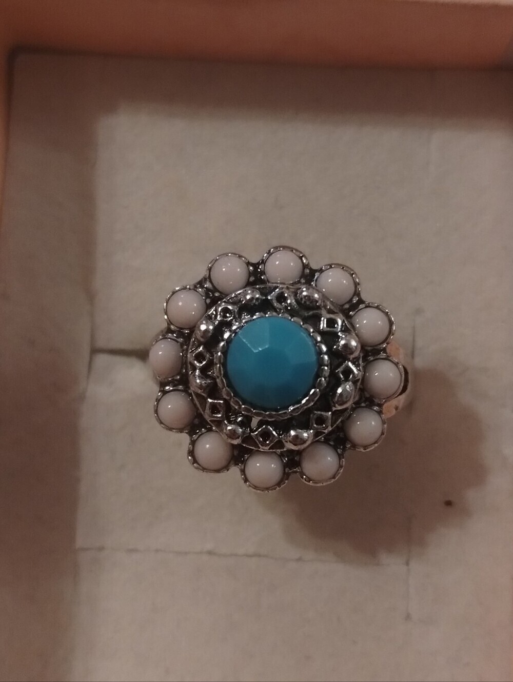 Turquoise Floral Statement Ring Boho Vintage Silver Tone Size 8.5